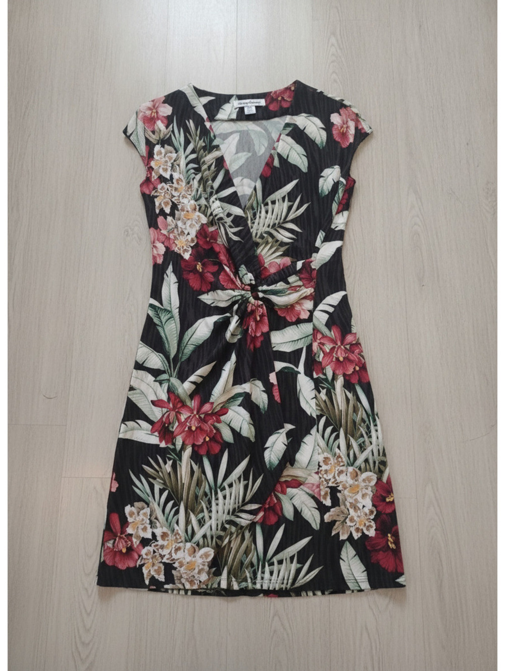 Tommy Bahama Black Tropical Floral Print V-Neck Twist Front Midi Dress Sz Small